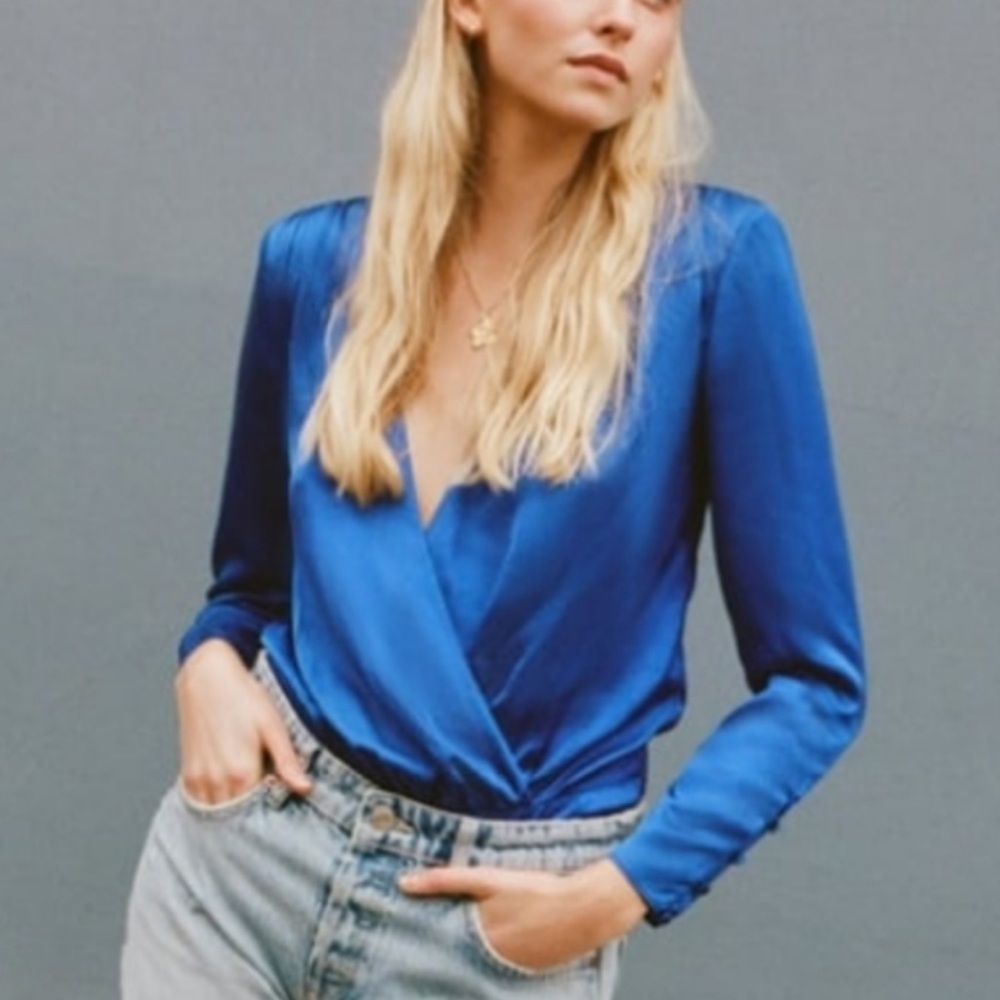 Zara Electric Blue Satin Deep V Bodysuit